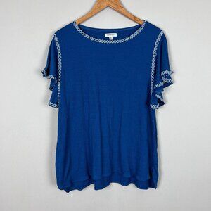 Max Studio Top Womens 1X Blue Flutter Sleeve Crew Neck Embroidered Hi Low Blouse